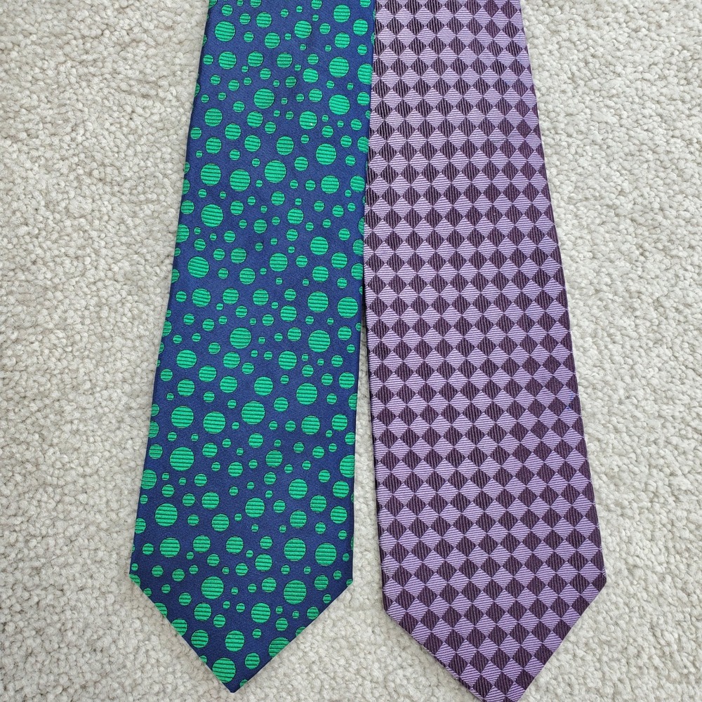 Paul Fredrick Mens Italian Silk Neck Tie Set 2 Blue Green Purple‎ Geometric Dot
